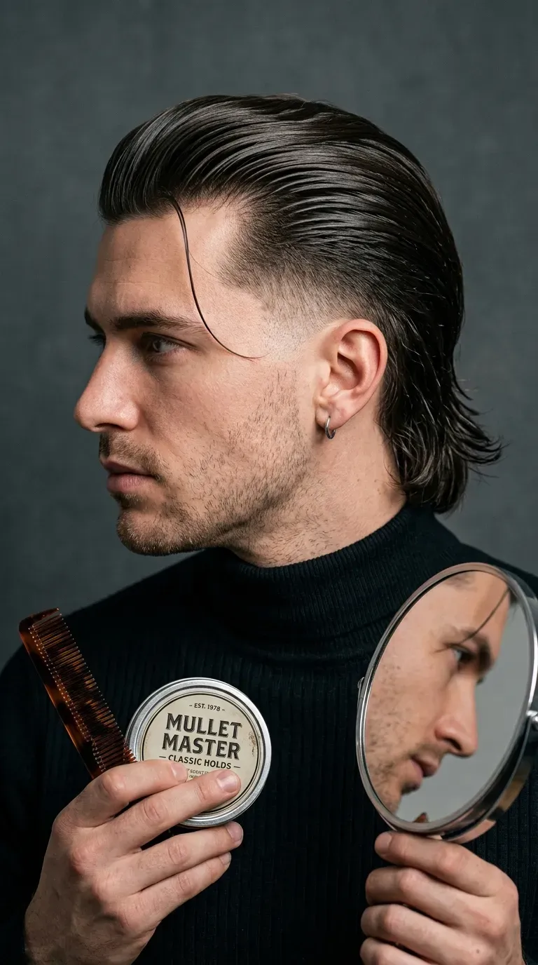 Slicked-back mullet with glossy finish and low taper fade sides