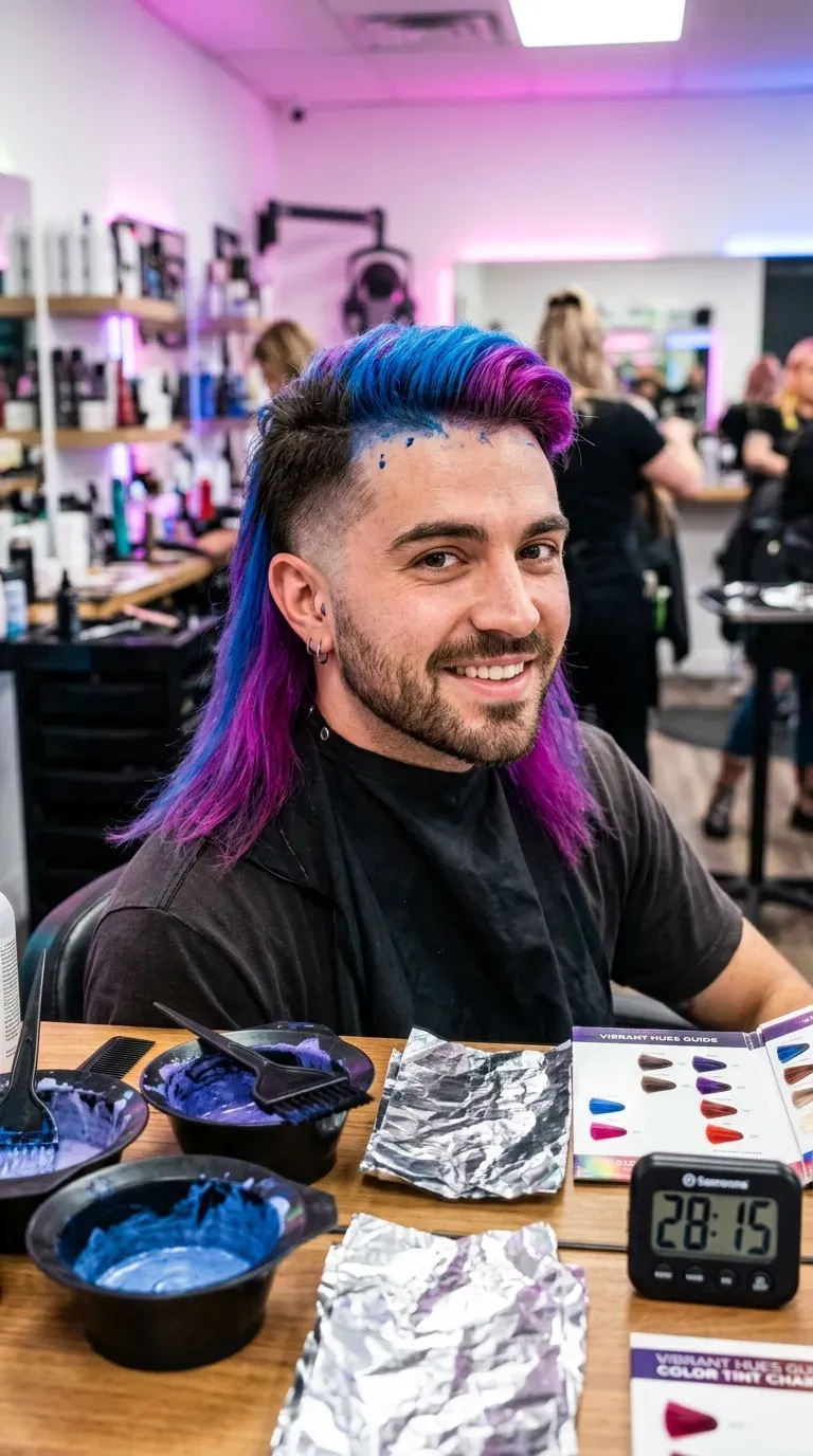 Two-tone color mullet with contrasting shades on top and back