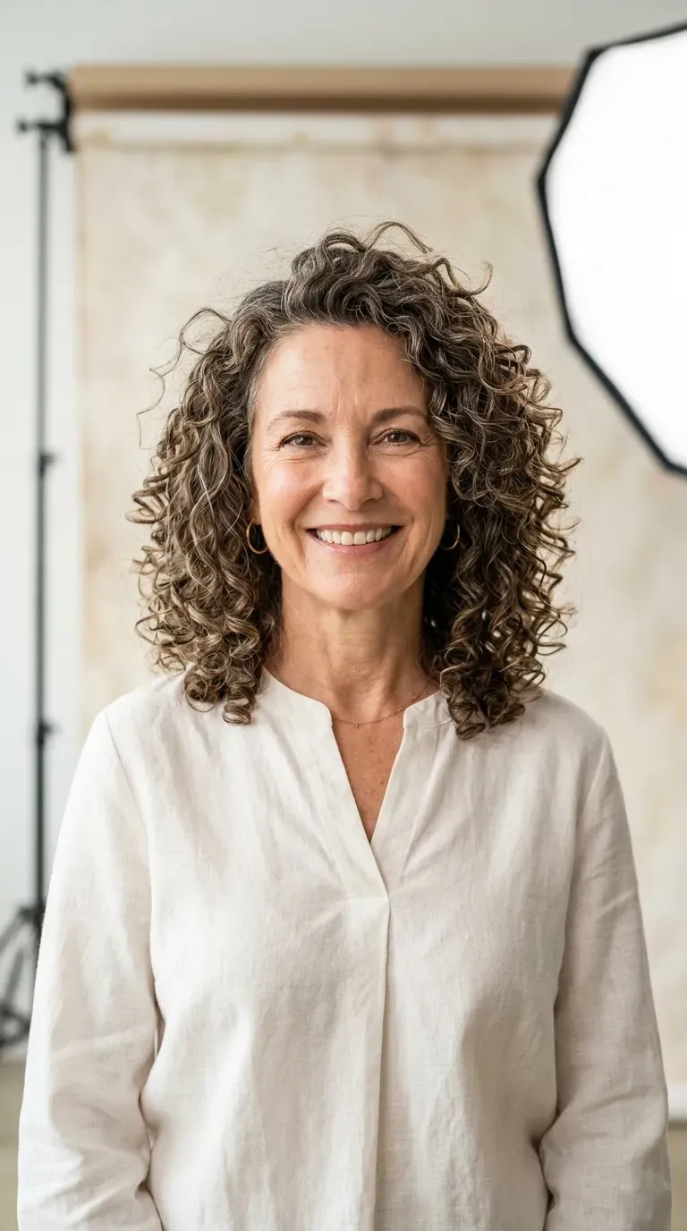 Mature woman with medium length curly layered hair showing defined bouncing curls