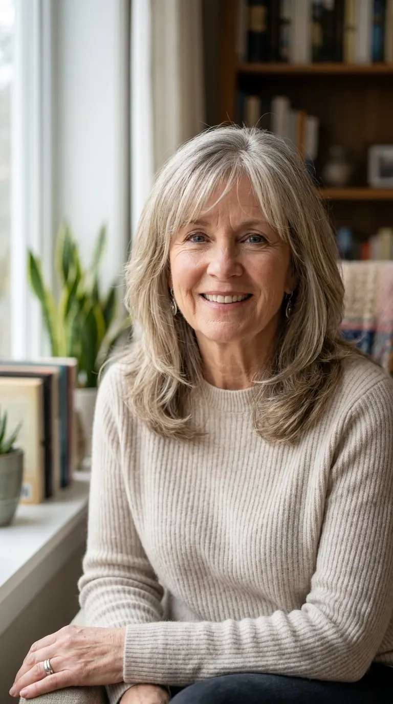 Woman over 60 with medium length layered hair featuring soft parted curtain bangs