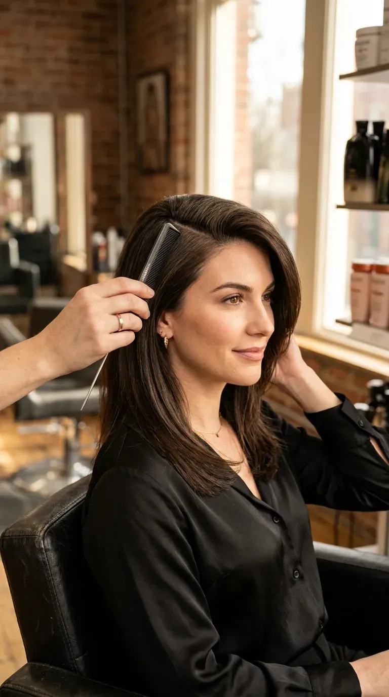 Woman over 60 with medium length hair styled with a dramatic deep side part
