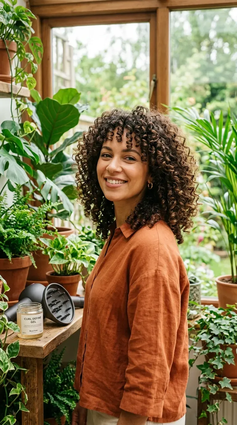 Woman over 60 with natural curly hair styled in a medium hairstyle