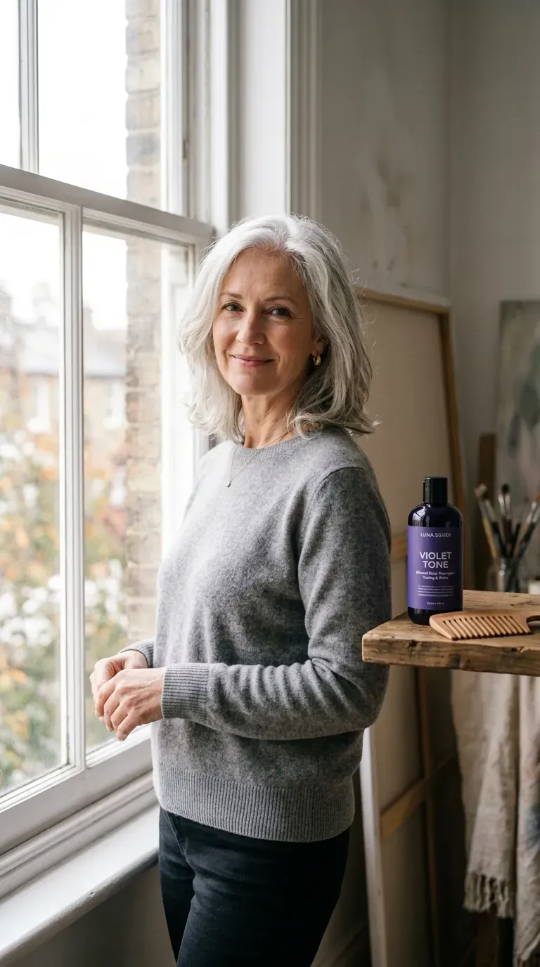 Woman over 60 with natural gray or white hair styled in a medium hairstyle