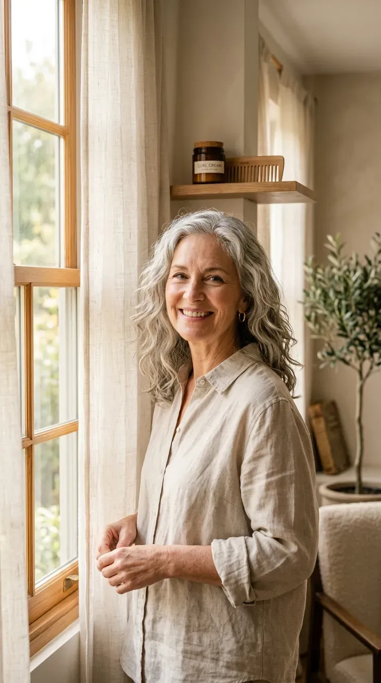 Woman over 60 with natural wavy hair styled in a medium hairstyle