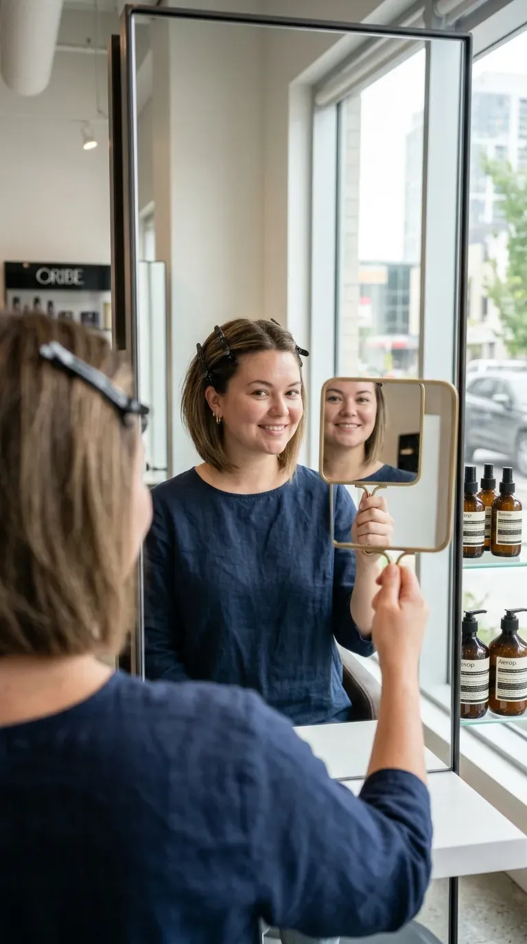 Woman over 60 with round face shape wearing a flattering medium hairstyle