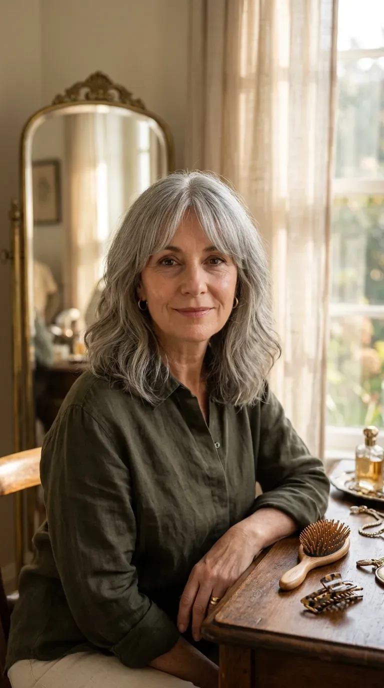 Woman over 60 with soft curtain bangs paired with a medium hairstyle