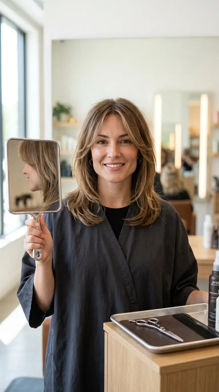Woman over 60 with square face shape wearing a flattering medium hairstyle softened at jaw