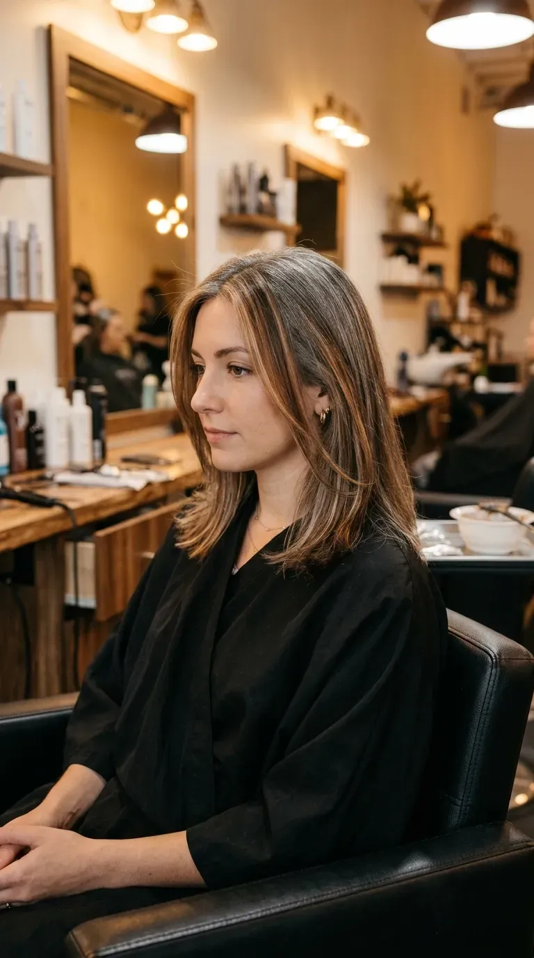 Woman over 60 with subtle face-framing highlights on a medium hairstyle