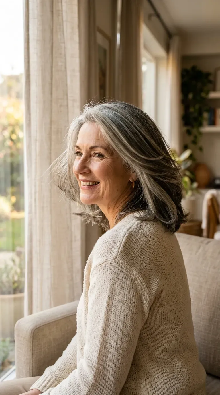 Mature woman with a medium length layered lob falling at the collarbone
