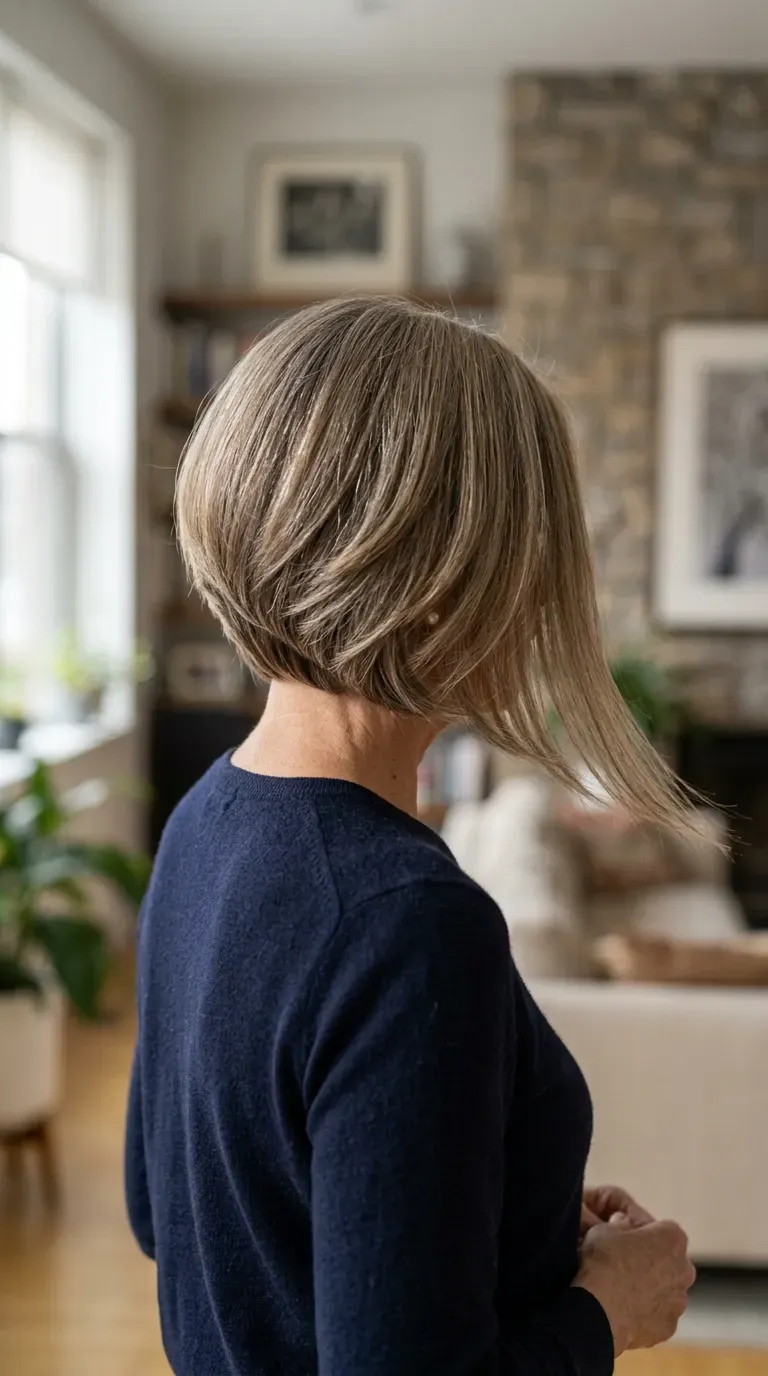 Woman over 60 with medium length layered hair cut with a subtly angled back