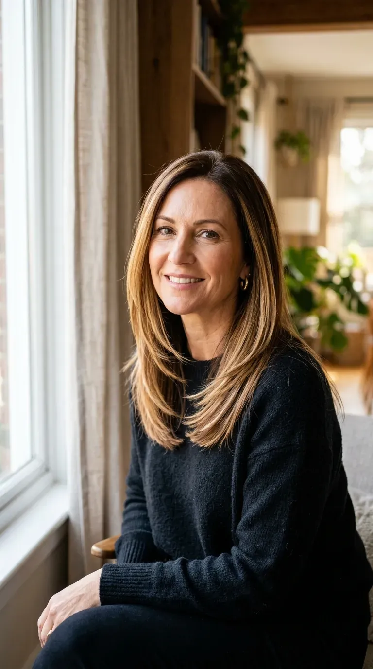 Mature woman with medium length layered hair highlighted by hand-painted balayage at the ends
