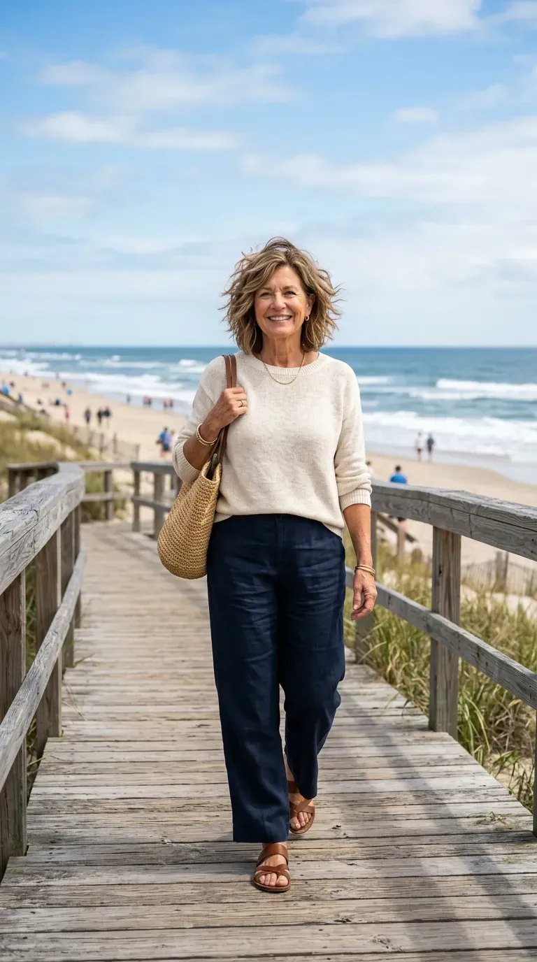 Older woman with medium length layered hair styled with tousled beachy wave texture