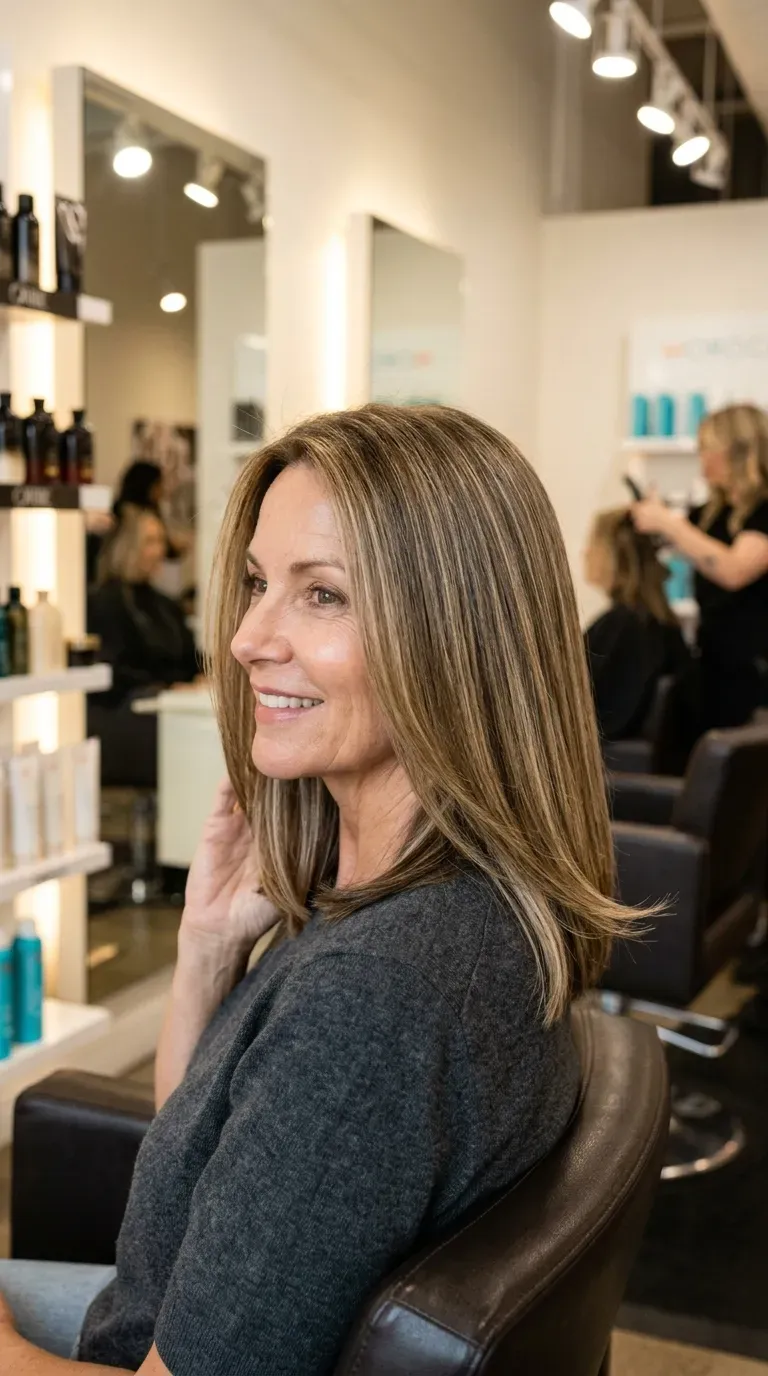 Mature woman with medium length layered hair blown out sleek and straight