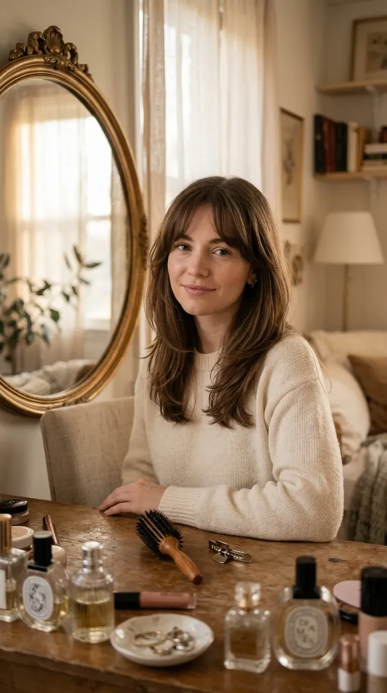 Woman over 40 with curtain bangs paired with medium length layered haircut