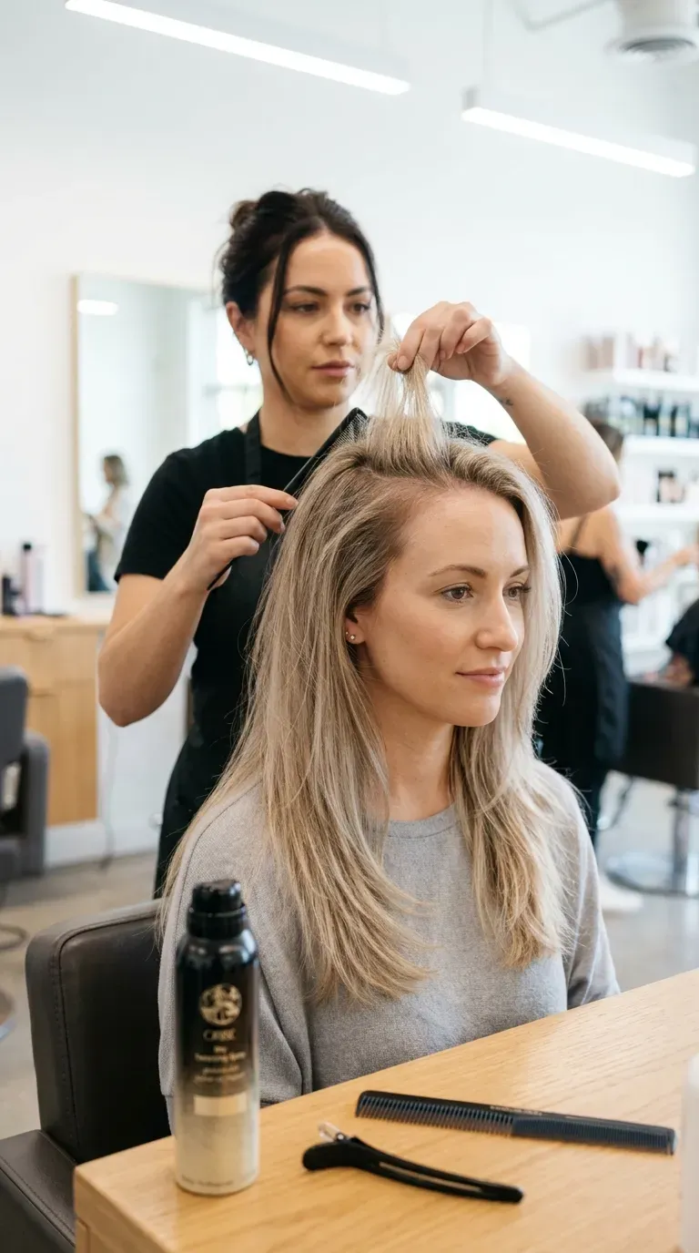 Woman over 40 with fine thinning hair cut into medium length layers for fullness