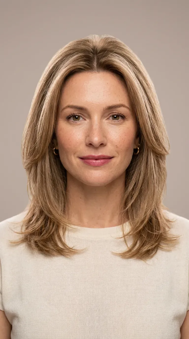 Woman with fine thin hair wearing subtle medium length layers designed to add volume