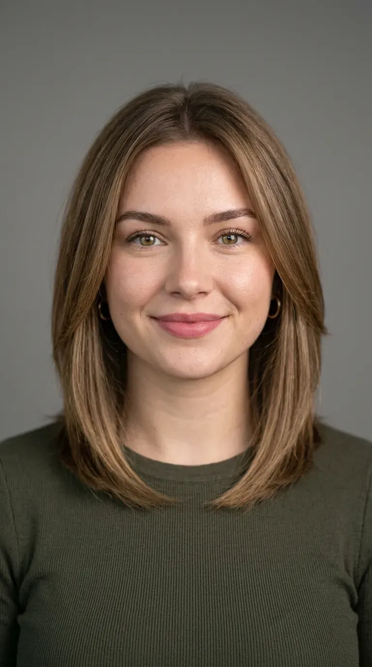 Woman with a round face shape wearing medium length angled layers that elongate the face