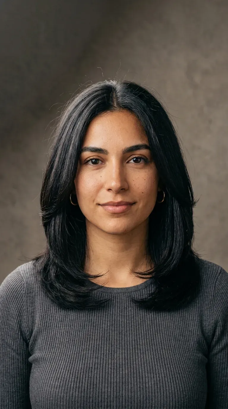 Woman with thick coarse medium length layered hair showing reduced bulk and shape