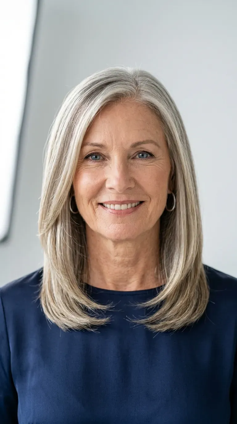Older woman with sleek medium length layered hair finished with a high-shine glossing serum