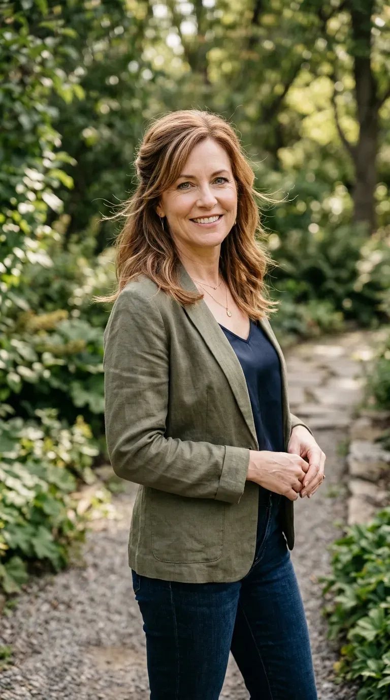 Mature woman with medium length layered hair styled in a soft half-up twisted style