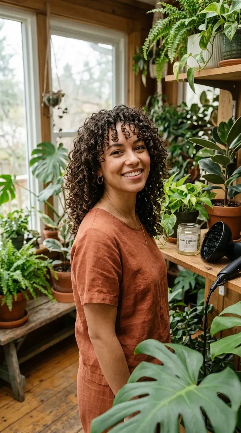 Woman over 40 with natural curly hair cut into medium length defined layers