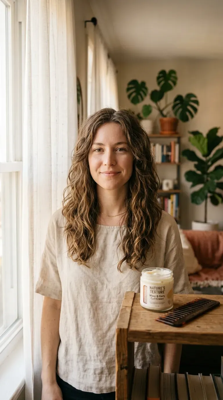 Woman over 40 with natural wavy hair cut into medium length layers