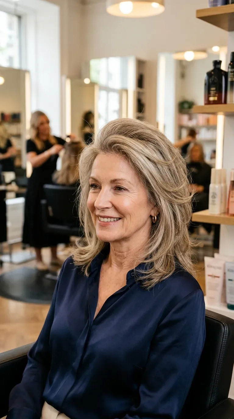 Older woman with medium length layered hair showing lifted roots and full crown volume