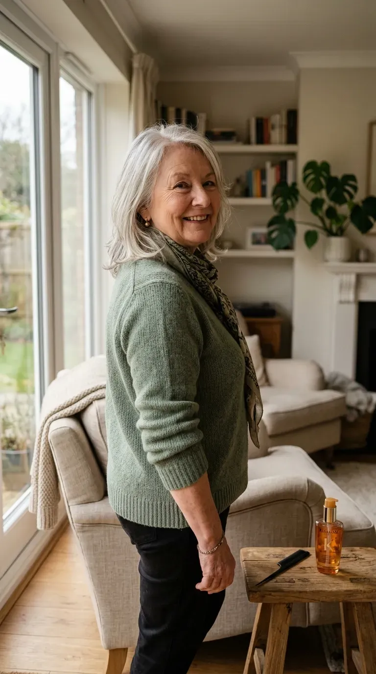 Woman over 70 with a round face shape wearing medium vertical layers that elongate her profile
