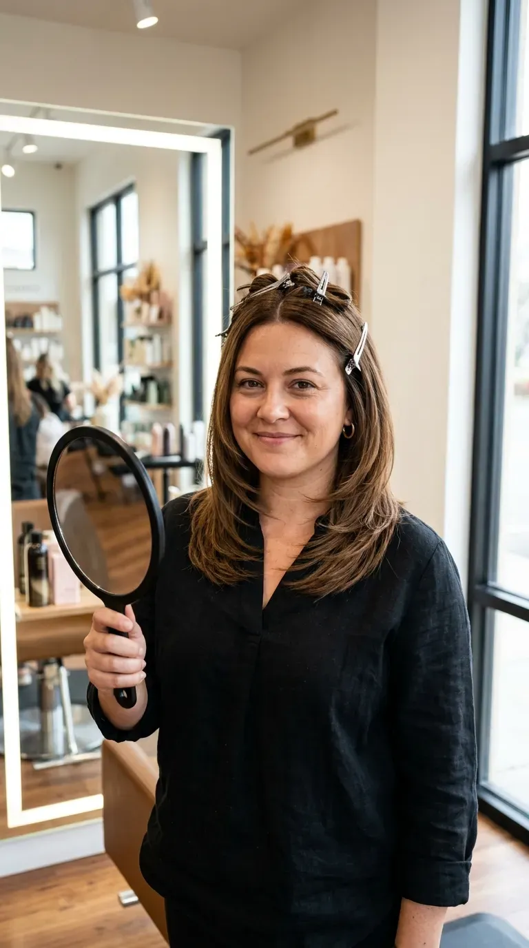 Woman over 40 with round face shape wearing medium length layers