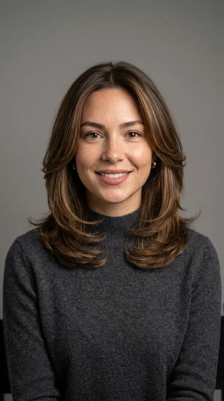 Woman over 60 with medium length layered hair featuring a soft rounded perimeter shape