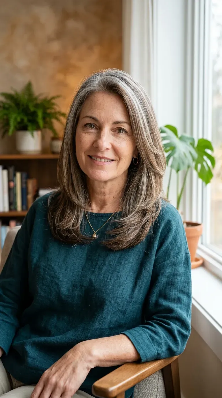 Woman with gray-blended medium length layered hair showing soft transitional highlights