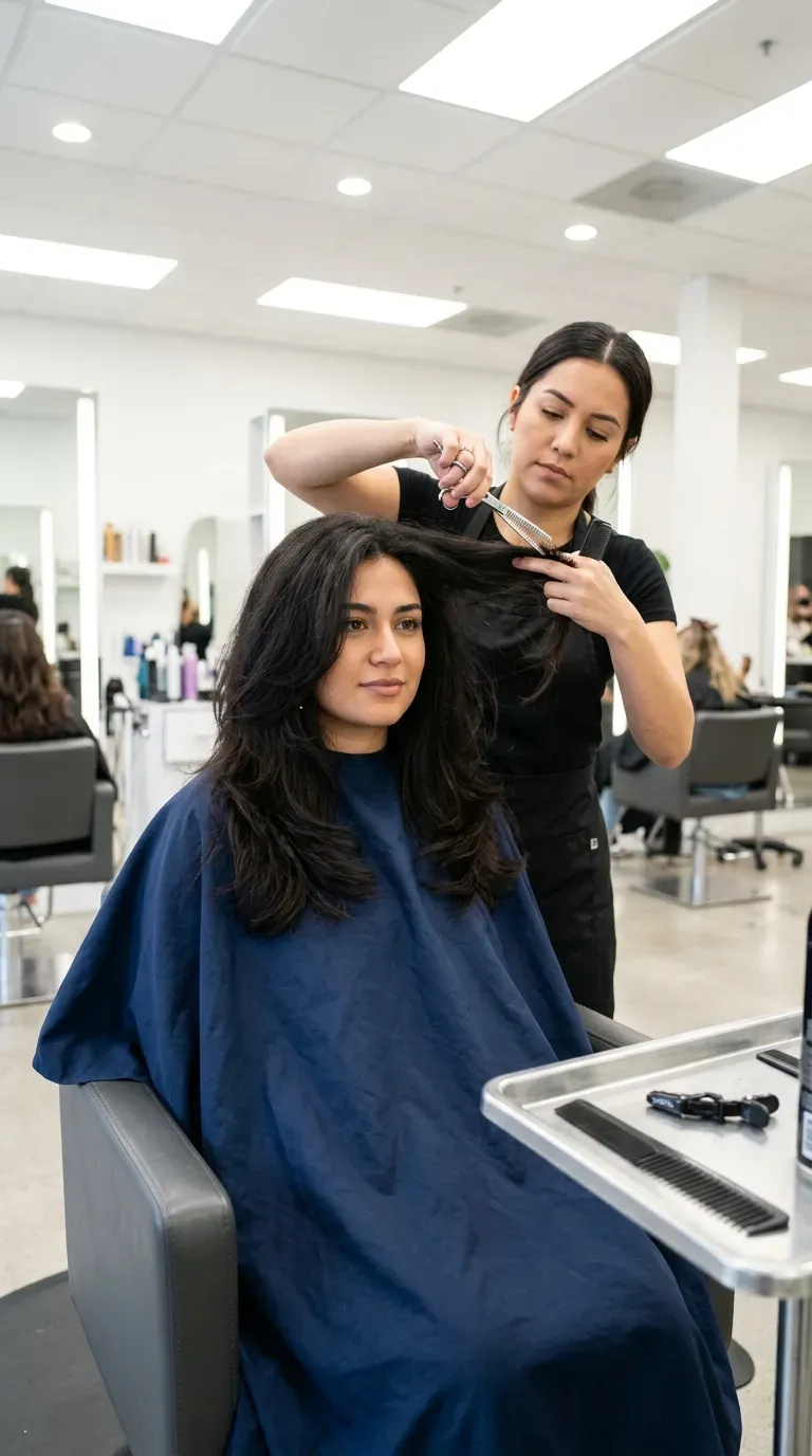 Woman over 40 with thick hair cut into medium length layers