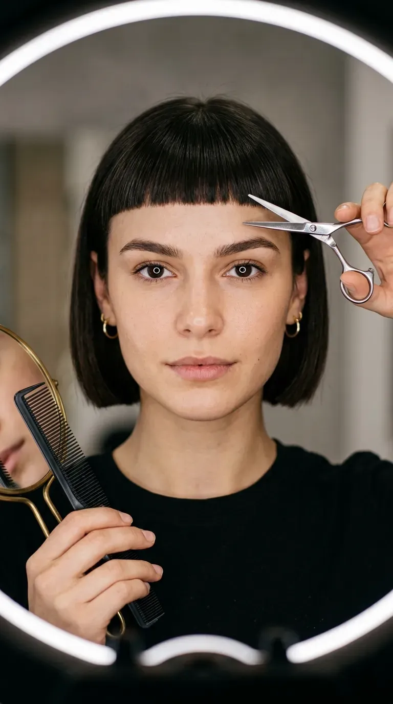 Woman with a graphic micro-fringe and a blunt bob for bold contrast