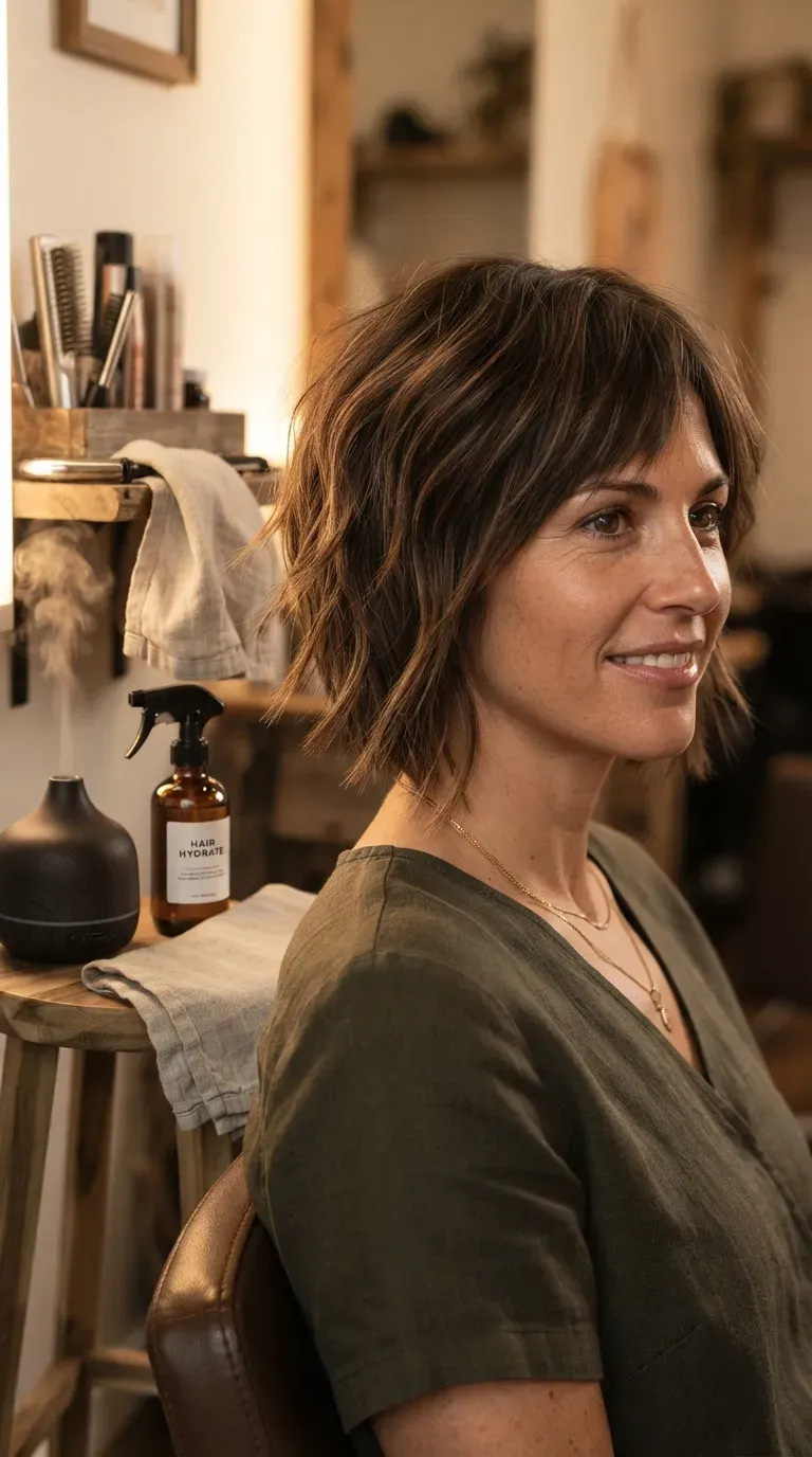 Woman with a micro-layered choppy bob showing fine, feathered layering throughout