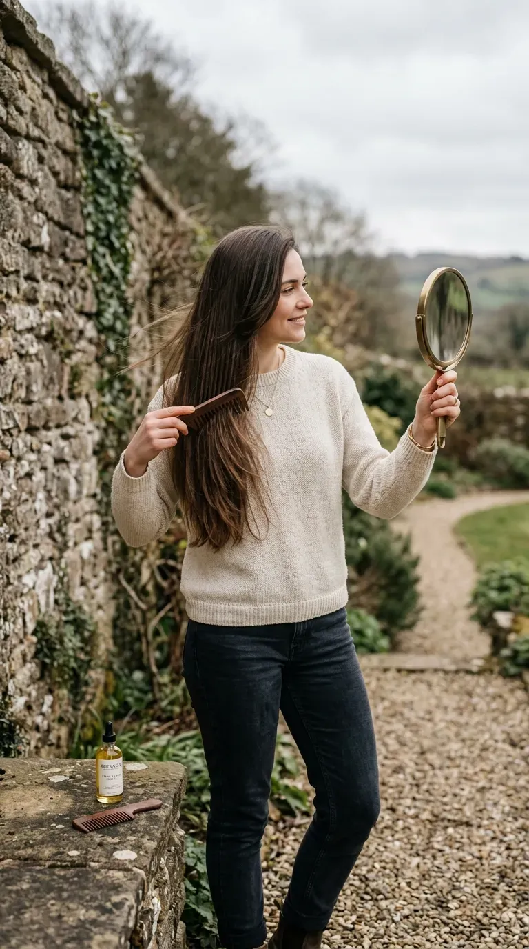 Woman with mid-back length layered straight hair falling evenly down her spine