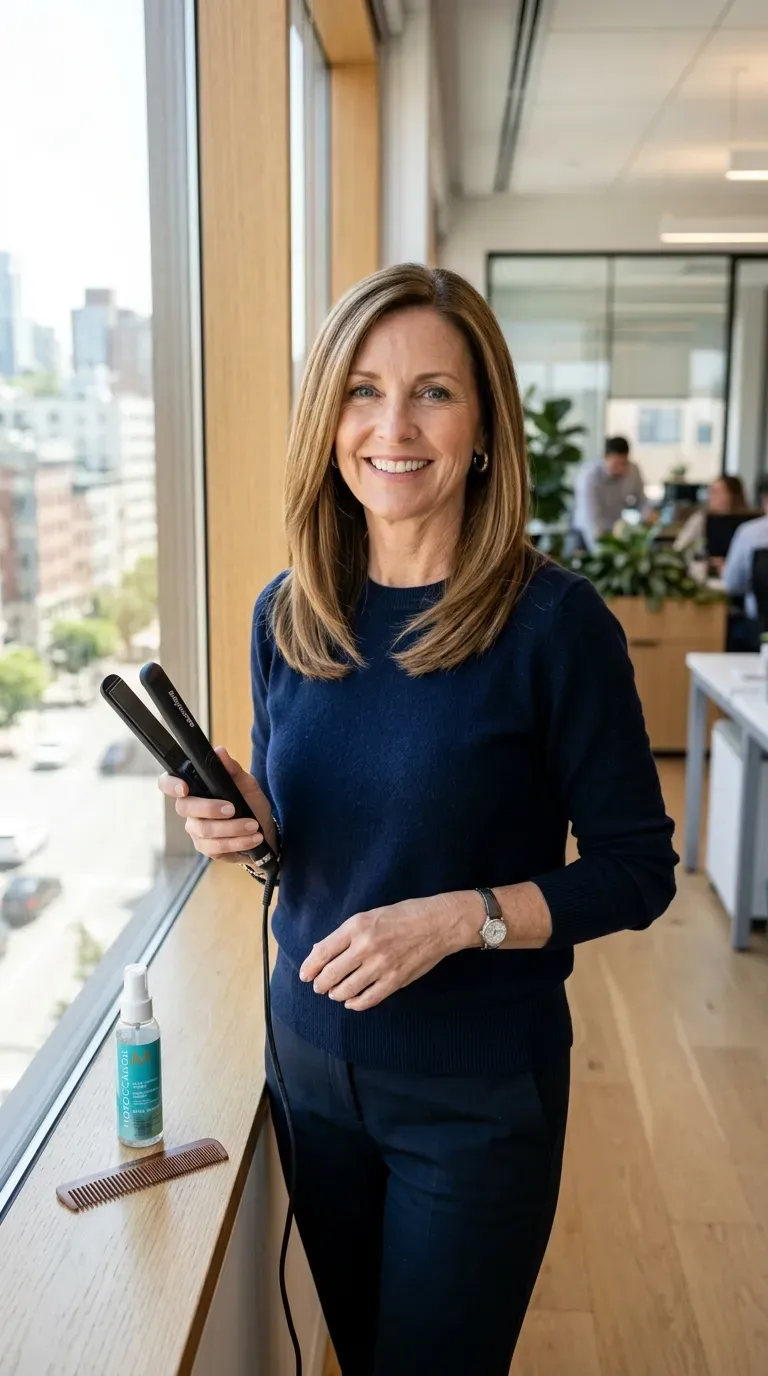 Woman over 50 with mid-length to long layered hair styled to stay straight all day