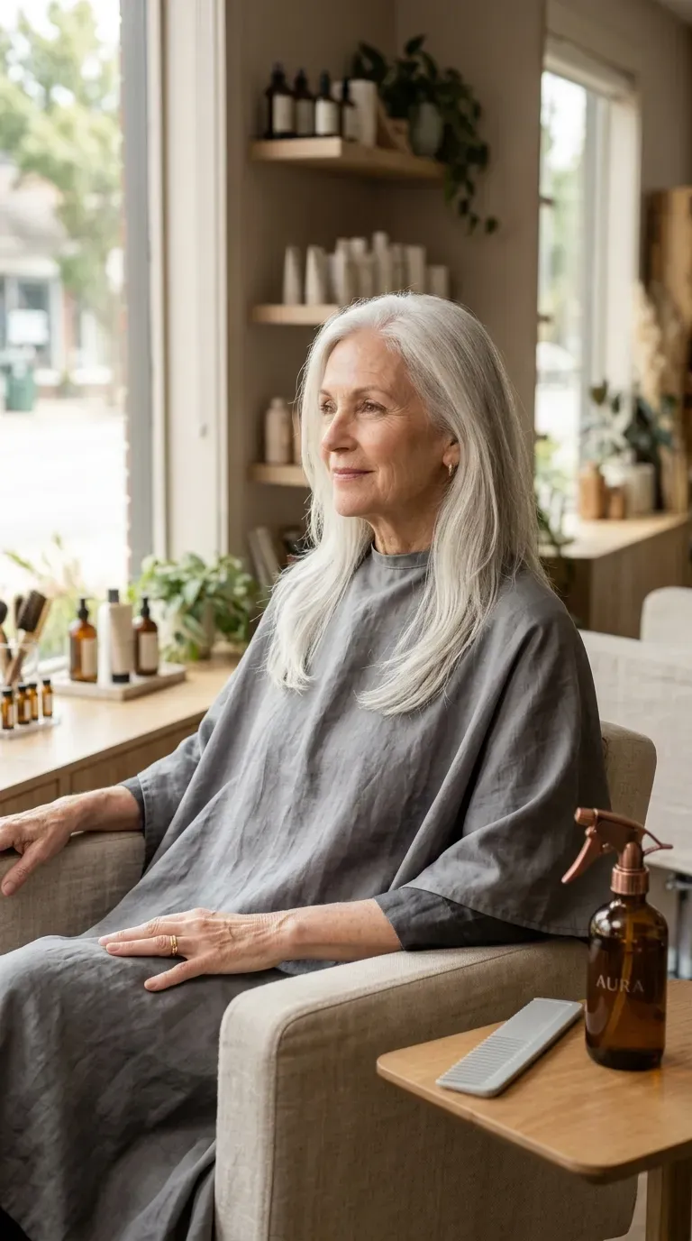 Elegant woman over 70 with long silver hair cut in minimal graduation layers preserving density