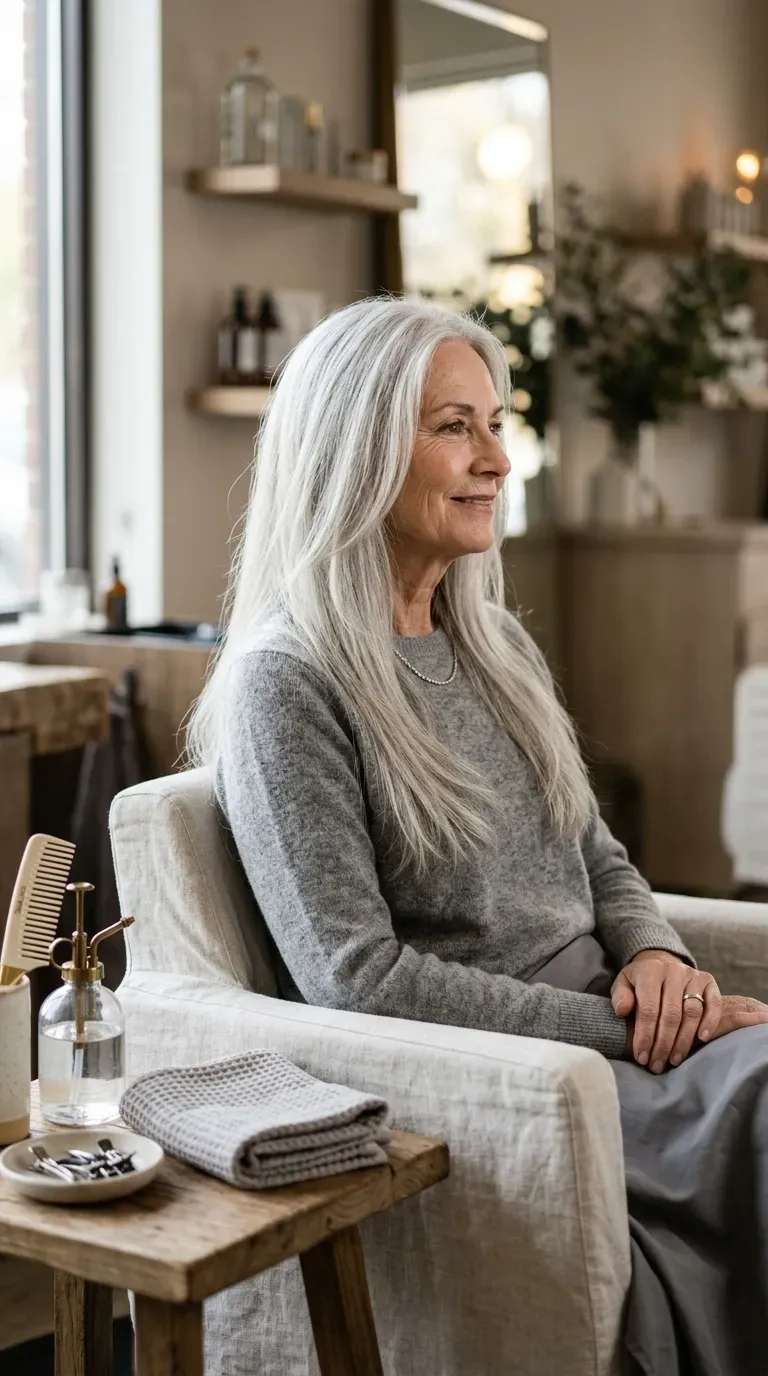 Woman over 60 with long silver hair cut in minimal graduation layers preserving density