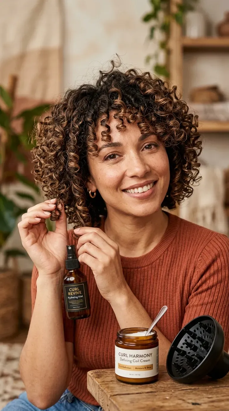 Curly short crop with rich mocha balayage enhancing coily texture