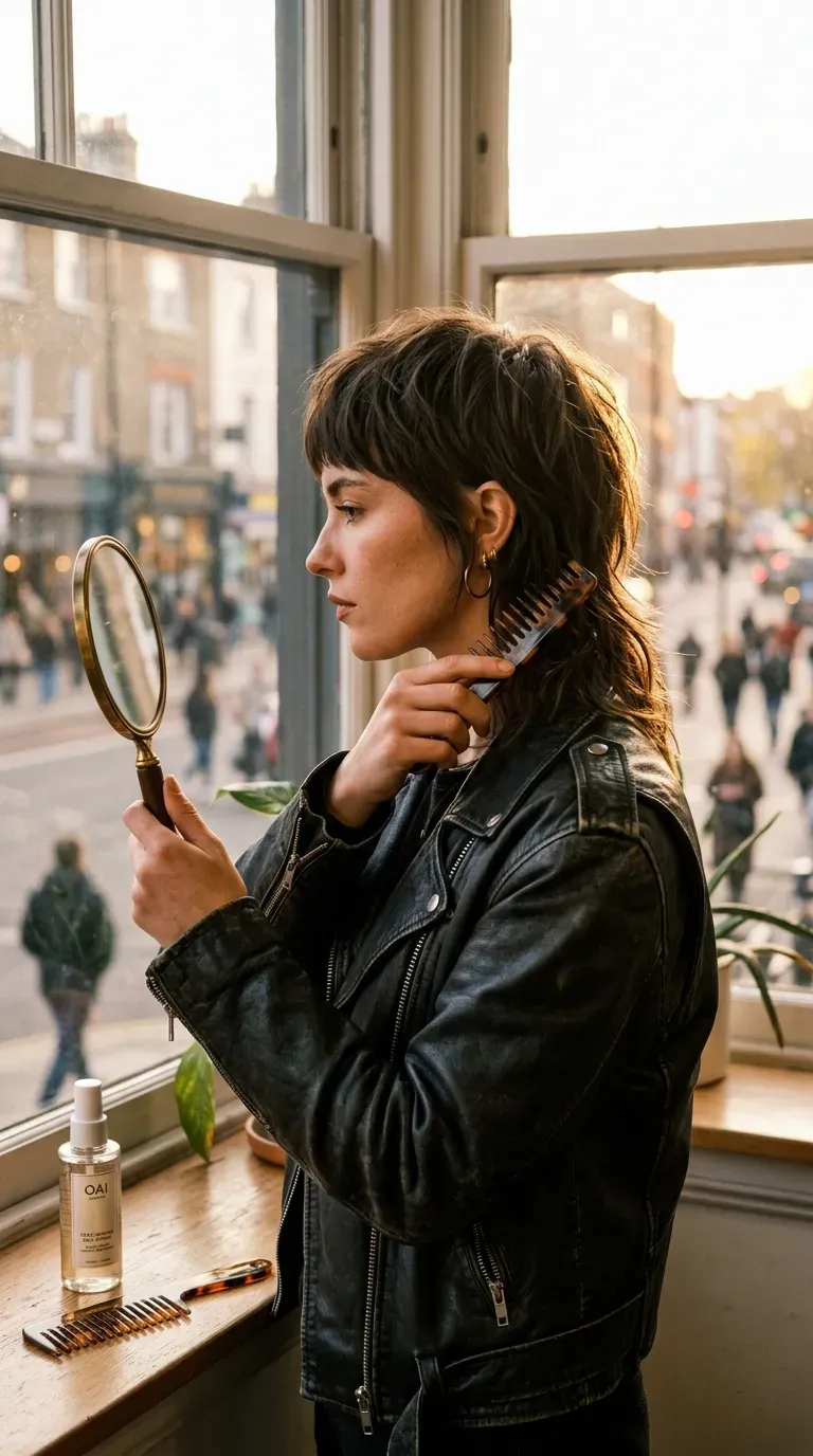 Woman with a modern short mullet showing layered lengths front to back