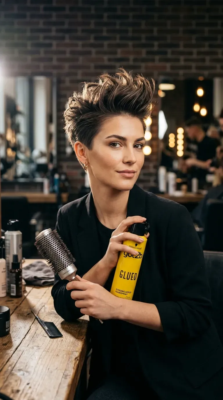 Modern spiky quiff haircut with lifted front section for older women