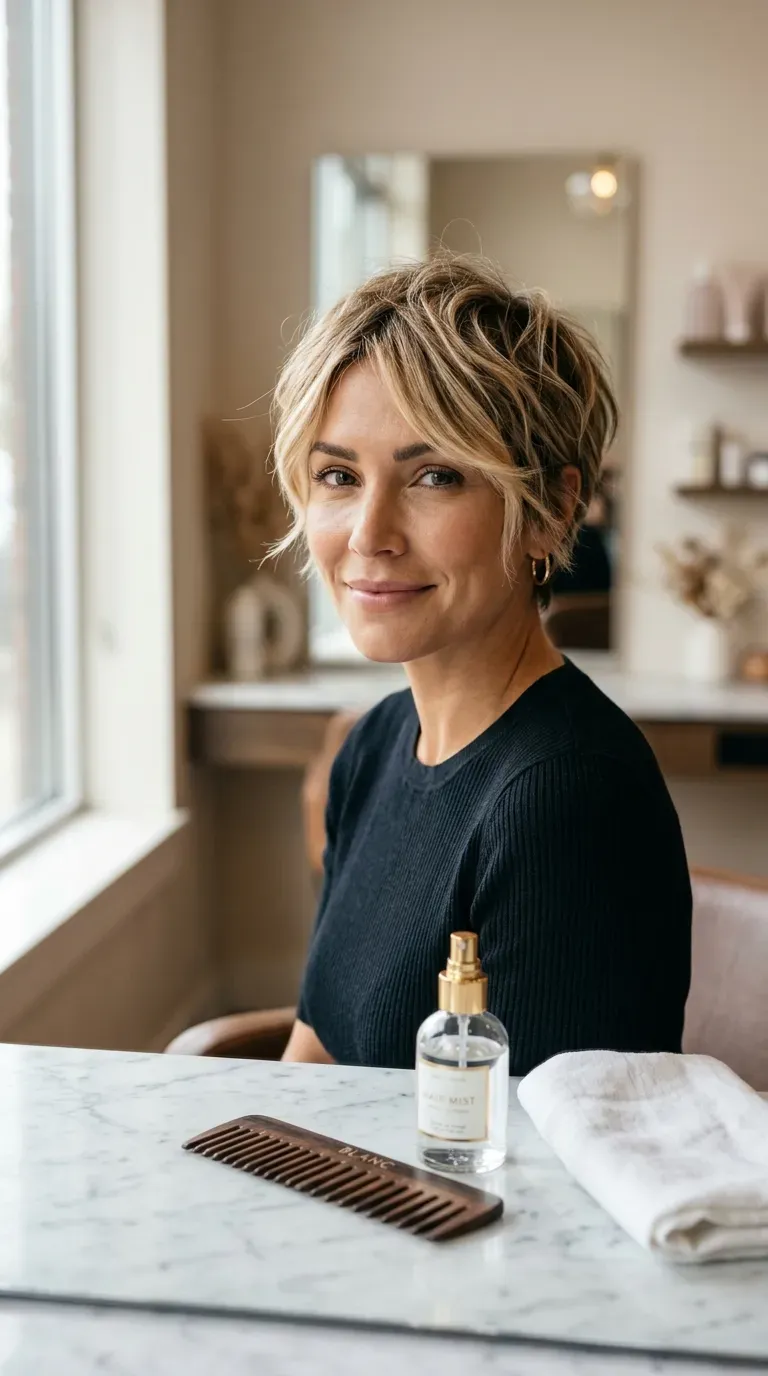 Textured pixie cut with bright money-piece balayage framing the face