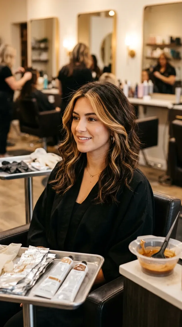 Woman over 50 with money piece highlights framing layered haircut