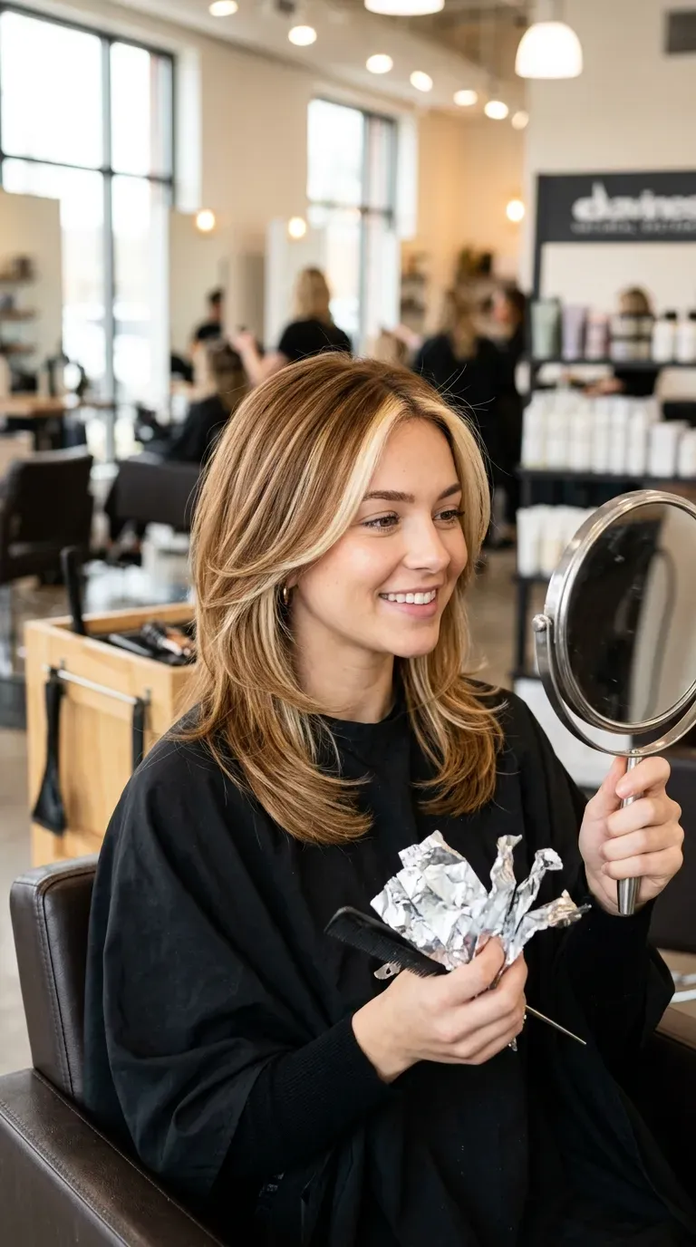 Layered haircut with brightened face-framing money-piece highlights
