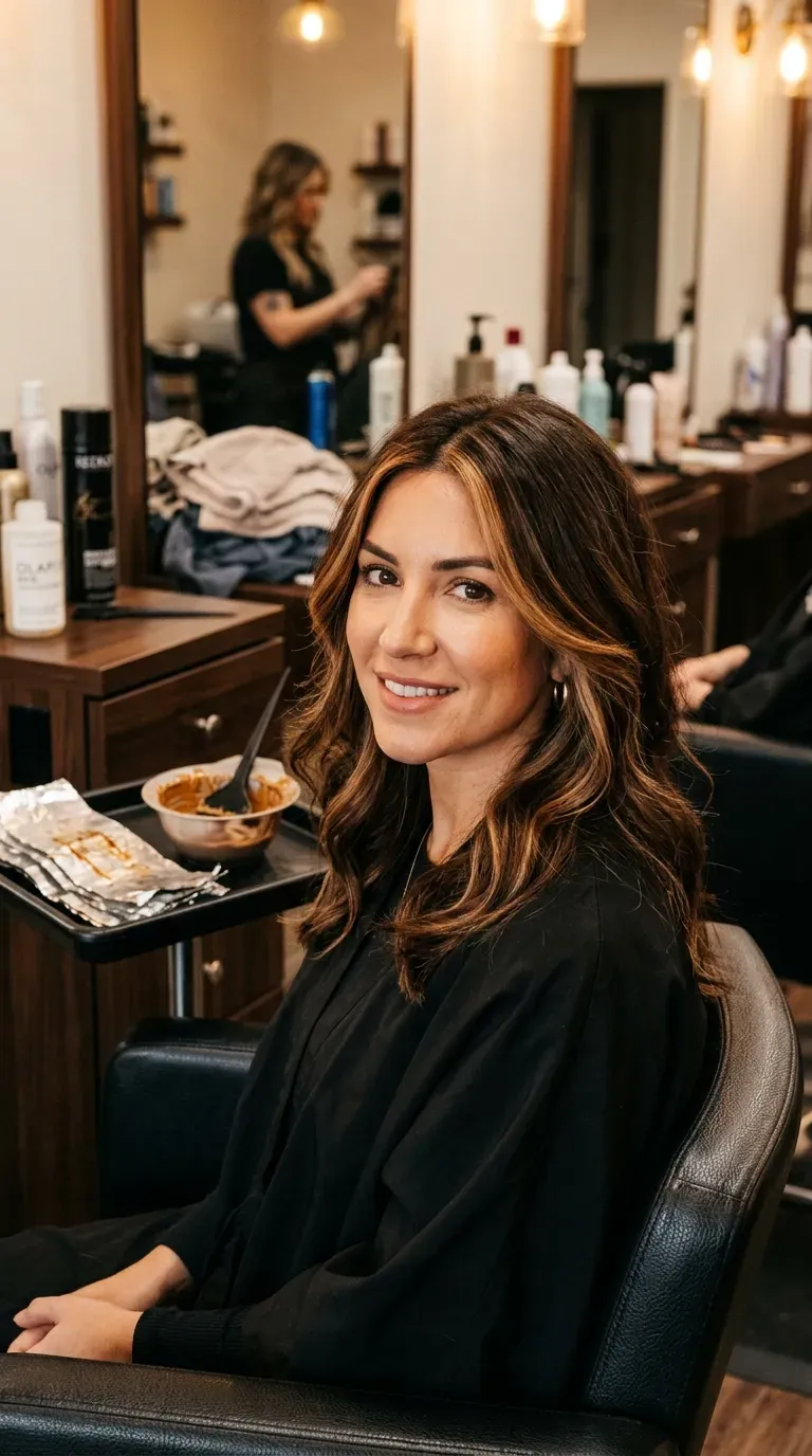 Woman over 40 with money piece highlights through medium length layered hair