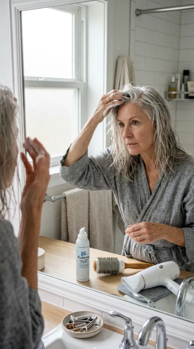 Mature woman applying volumizing mousse to lift front layers at the roots before blow drying