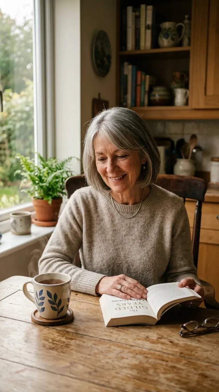 Relaxed woman over 60 with a one length haircut base and softening layers only around her face