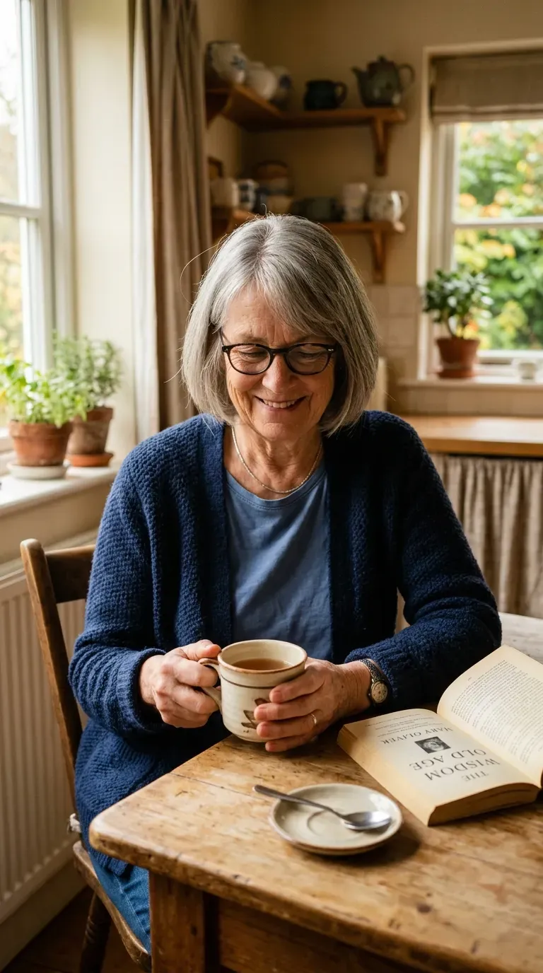 Relaxed woman over 70 with a one length haircut base and softening layers only around her face