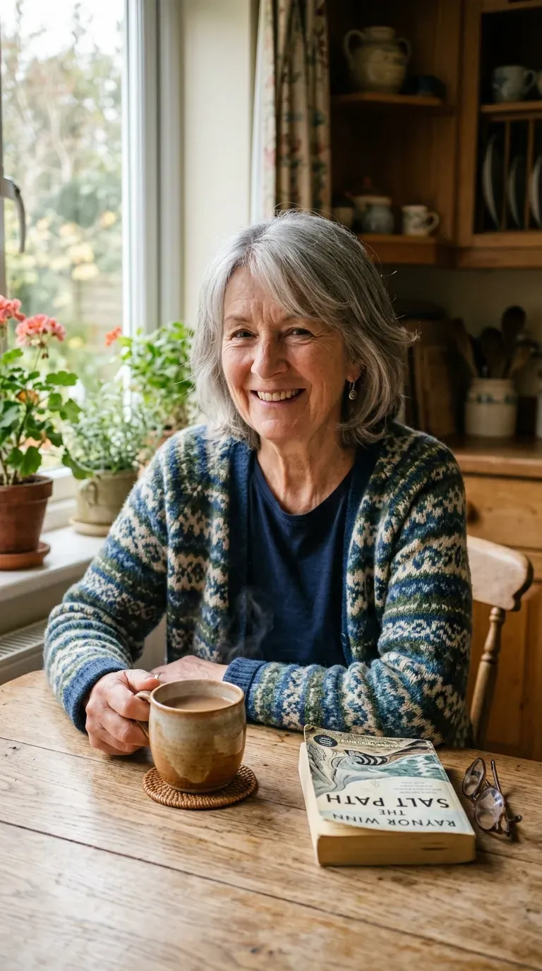 Relaxed woman over 70 with a one length haircut base and softening layers only around her face