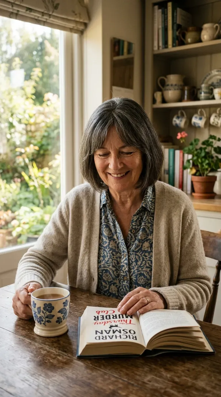 Relaxed woman over 60 with a one length haircut base and softening layers only around her face